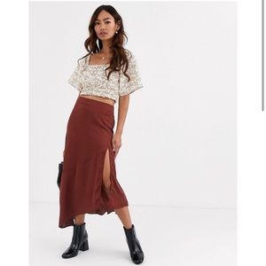 Free People Lola Bias Slit Midi Satin Skirt in Brick Brown, Size 4. NWT